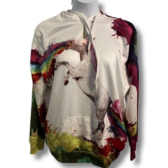 White Hoodie with Unicorn and Rainbows. Size Large - Picture 1 of 4